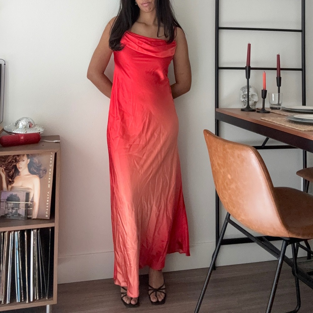 Onyx Nite Red Coral Two Tone Cowl Neck Satin Maxi Dress Size 8 Made in USA